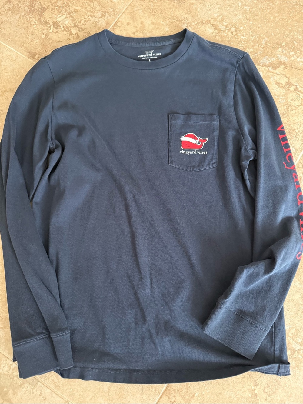 Vineyard Vines Navy Long-Sleeve Pocket Tee with Red Whale Logo kids Large
